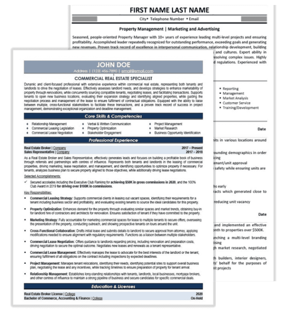 Real Estate Resume Samples